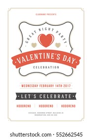 Happy Valentines Day Party Invitation or Poster Vector illustration. Retro typography design. Heart shape love symbol and elements, flyer template.