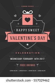 Happy Valentines Day Party Invitation or Poster Vector illustration. Retro typography design. Heart shape love symbol and elements, flyer template.
