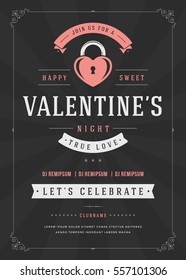 Happy Valentines Day Party Invitation or Poster Vector illustration. Retro typography design. Heart shape love symbol and elements, flyer template.