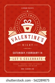 Happy Valentines Day Party Invitation or Poster Vector illustration. Retro typography design. Heart shape love symbol and elements, flyer template.