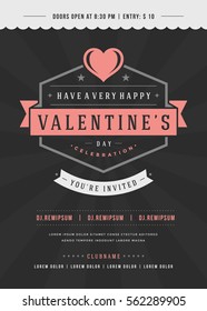 Happy Valentines Day Party Invitation or Poster Vector illustration. Retro typography design. Heart shape love symbol and elements, flyer template.