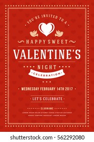 Happy Valentines Day Party Invitation or Poster Vector illustration. Retro typography design. Heart shape love symbol and elements, flyer template.