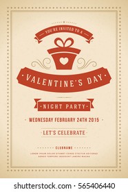 Happy Valentines Day Party Invitation or Poster Vector illustration. Retro typography design. Heart shape love symbol and elements, flyer template.