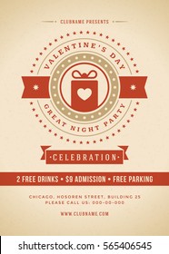 Happy Valentines Day Party Invitation or Poster Vector illustration. Retro typography design. Heart shape love symbol and elements, flyer template.