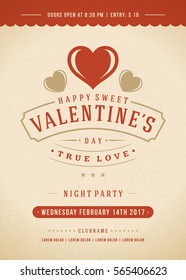 Happy Valentines Day Party Invitation or Poster Vector illustration. Retro typography design. Heart shape love symbol and elements, flyer template.