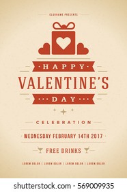 Happy Valentines Day Party Invitation or Poster Vector illustration. Retro typography design. Heart shape love symbol and elements, flyer template.