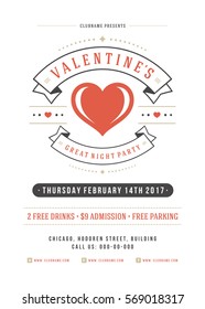 Happy Valentines Day Party Invitation or Poster Vector illustration. Retro typography design. Heart shape love symbol and elements, flyer template.