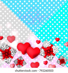 Happy Valentines Day party invitation with red hearts gift box on blue background