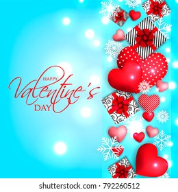 Happy Valentines Day party invitation with red hearts gift box on blue background