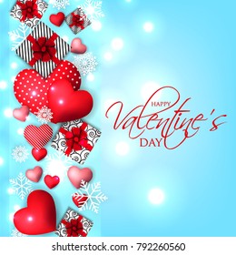 Happy Valentines Day party invitation with red hearts gift box on blue background