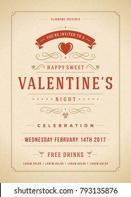 Happy Valentines Day Party Invitation or Poster Vector illustration. Retro typography design. Heart shape love symbol and elements, flyer template.