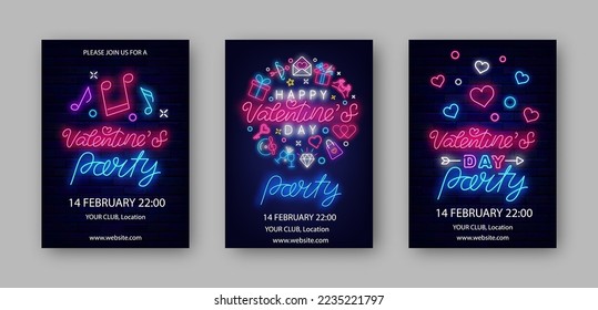 Happy Valentines Day party neon posters collection. Music notes. Circle layout with icons. Luminous vertical advertisings. February holiday celebration. Glowing invitation. Vector stock illustration