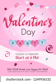 Happy valentine's day party poster invitation template with hearts and rose petals. Paper cut style. Easy to use for your website or invitation card.