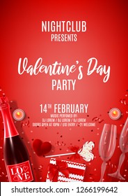 Happy Valentine's Day party poster. Vector illustration with top view on realistic bottle of champagne, gift box, glasses of champagne, red serpentine and confetti. Invitation to nightclub.