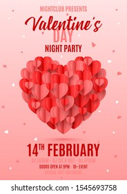 Happy Valentine's Day party poster. Holiday banner with 3d red and pink paper hearts in paper art style. Festive vector illustration with flying holiday symbol. Invitation to nightclub.