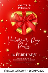 Happy Valentine's Day party poster. Vector illustration with realistic gold heart, balls and confetti on red background. Festive gift card. Invitation to nightclub.