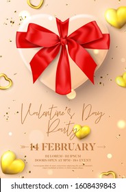 Happy Valentine's Day party poster. Vector illustration with realistic gift box, gold hearts and golden confetti. Invitation to nightclub.