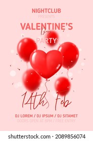 Happy Valentine's Day party poster. Vector illustration with red balloons and confetti. Holiday decoration design with abstract 3d composition for Valentine's Day party. Invitation to nightclub.