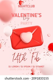 Happy Valentine's Day party poster. Vector illustration with envelope, hearts, balloons and confetti. Holiday design with abstract 3d composition for Valentine's Day party. Invitation to nightclub.