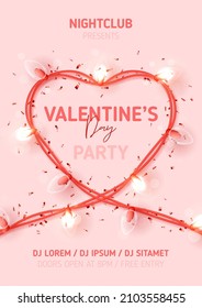 Happy Valentine's Day party poster. Vector illustration with sparkling garland in shape of heart and confetti. 3d composition for Valentine's Day party. Invitation to nightclub.