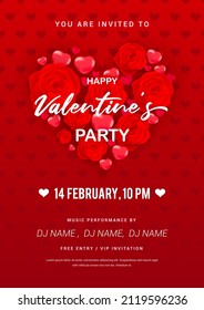 Happy Valentine's Day Party poster invitation vector design. Rose flowers in heart shape over red pattern background