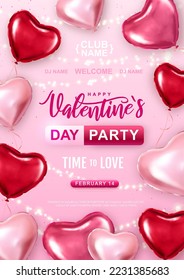 Happy Valentines Day party poster and pink heart shaped balloons  Vector illustration