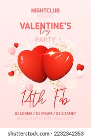 Happy Valentine's Day party poster. Vector illustration with red and pink hearts. Holiday decoration design with abstract 3d composition for Valentine's Day party. 3d romantic couple of hearts.