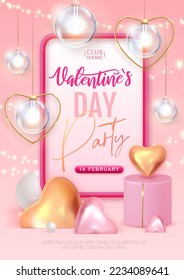 Happy Valentines Day party poster with 3D pink love hearts. Vector illustration