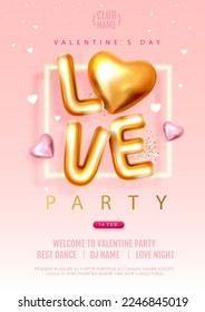 Happy Valentines Day party poster with 3D chromic letters and gold love hearts. Holiday greeting card. Vector illustration