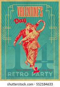 Happy Valentines Day Party Poster Design Template. Retro dance party Typography flyer invitation vector illustration. Art Deco and Nouveau Gatsby Epoch 1920's 1930's and1940's Style