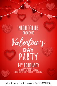 Happy Valentine's Day party poster. Romantic composition with garlands from paper. Beautiful backdrop with heart from threads. Vector illustration. Invitation to nightclub.