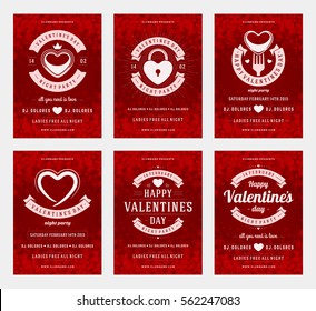 Happy Valentines Day Party Posters Design Templates Set. Typography flyer invitation vector illustration.