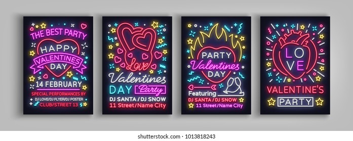 Happy Valentines Day party set of posters. Collection neon patterns templates typography, neon sign, bright banner invitation to the party, nightlit nightclub advertising, card. Vector illustration Happy Valentines Day party set of posters. Collection neon patterns templates typography, neon sign, bright banner invitation to the party, nightlit nightclub advertising, card. Vector illustration