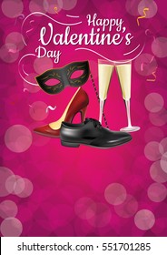 Happy Valentines Day Party - women's shoes, men's shoes, champagne glasses and a mask on a colorful background