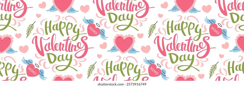 Happy Valentine's Day pattern with hearts and lettering. Pink heart with angels wings. Flying symbol Cupid. Pink romantic Background. For packaging, wallpaper. Vector flat illustration.