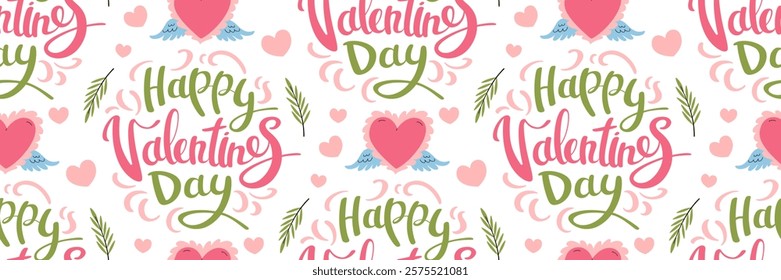 Happy Valentine's Day pattern with hearts and lettering. Pink heart with angels wings. Flying symbol Cupid. Pink romantic Background. For packaging, wallpaper. Vector flat illustration.