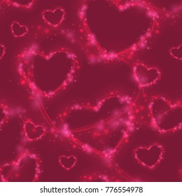 Happy valentines day pattern with illuminated pink hearts from line, burst, lights and sparkles on red background. Vector illustration. Holiday design, decor.