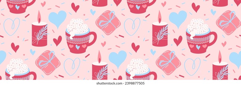Happy Valentines Day pattern in pink. Simple festive background with hearts and a sweet drink. Elements of romance candles gifts. Vector illustration for postcard congratulations poster wrapping paper