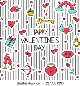 Happy Valentine's Day pattern with the symbols of St. Valentine's Day. Cute flat vector illustration.