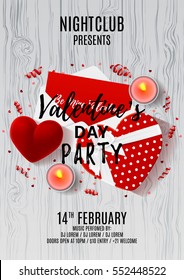Happy Valentine's Day paty flyer. Top view on composition with gift boxes and red case for ring. Beautiful banner with confetti and serpentine on wooden texture. Vector illustration.
