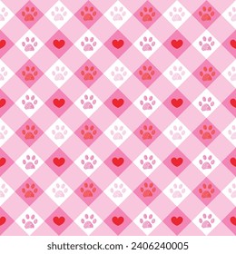 
Happy Valentine's Day paw and heart plaid seamless retro design pattern