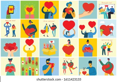 Happy Valentine's day. People with hearts as love messages. Vector illustration for Valentine's day in the modern flat style