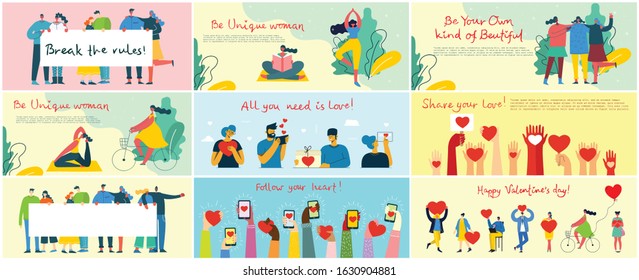 Happy Valentine's Day. People with hearts as love massages. Vector illustration for Valentine's day in the modern flat style