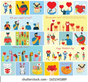 Happy Valentine's Day. People with hearts as love massages. Vector illustration for Valentine's day in the modern flat style