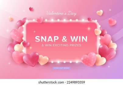 Feliz Concurso de Fotografía del Día de San Valentín con amor, marco de bombilla en fondo pastel. Plantilla de promoción y concurso para el concepto de día de amor y San Valentín.