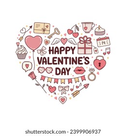 Happy Valentines day phrase and doodle love elements arranged in shape of heart