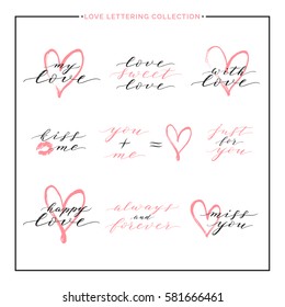 Happy Valentines Day phrases and quotes - with love, you and me, kiss me, i love you, always and forever, handwritten pink vector lettering for greeting card, poster, invitation, wedding, poster