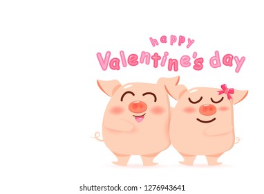 Happy Valentines day, pig loving couple, happiness cute cartoon character vector illustration