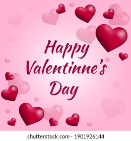 Happy valentines day pink background. Many red hearts on the postcard. Volumetric realistic hearts.