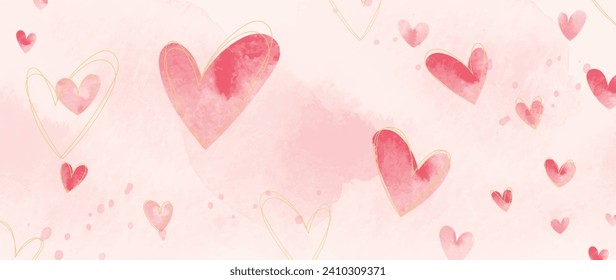 Happy Valentines day pink background vector. Romantic symbol drawing of pink doodle hearts watercolor texture, gold line. Love illustration for greeting card, web banner, fabric, package, cover.